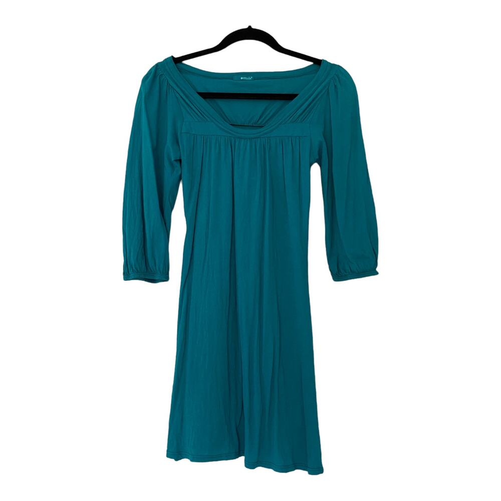LAmade Teal Green Blue Cotton V-Neck 3/4 Sleeve Pleated Peasant Tunic Size Small